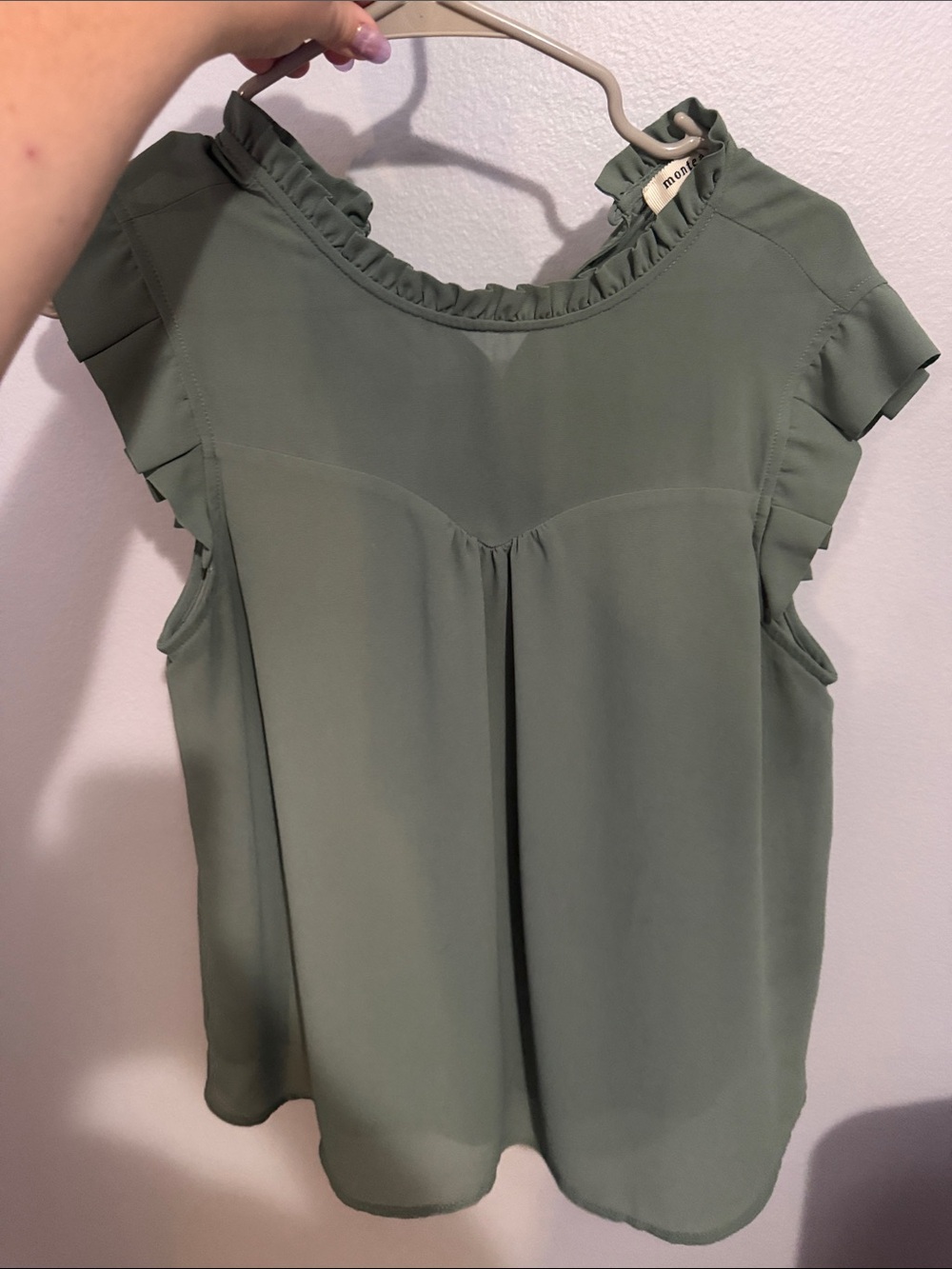 Monteau Moss Green Ruffle Trim Sleeveless Blouse